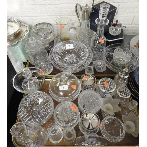 7 - Assorted glassware including Stuart cut crystal, bowls, decanters, bottles etc (2 trays)