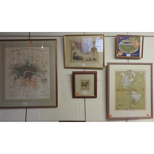 59 - Framed map of the Metropolitan Boroughs of London, further map of North and South America; also a st... 