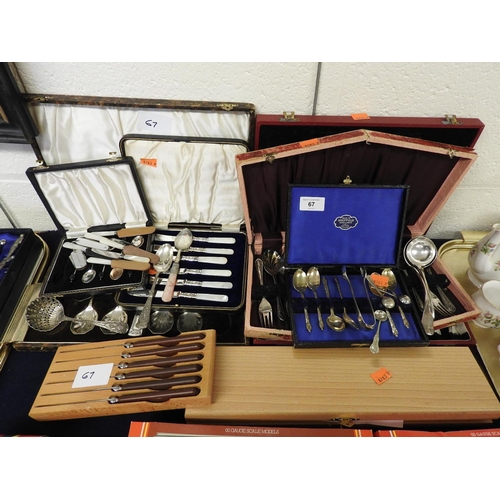67 - Assorted cased cutlery including Donald Russell carving set, mother-of-pearl handled butter knives e... 