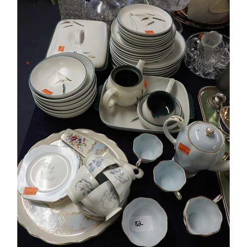 82 - Denby Green Wheat dinner and breakfast wares, china coffee service, Old Foley cake stand etc.