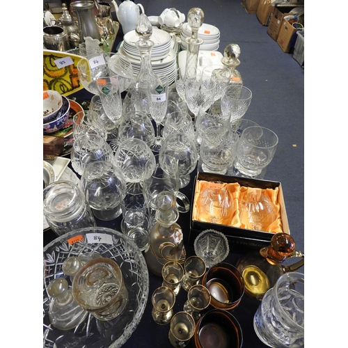 84 - Mixed glassware including Edinburgh Crystal wines and champagne flutes, three decanters, enamelled p... 