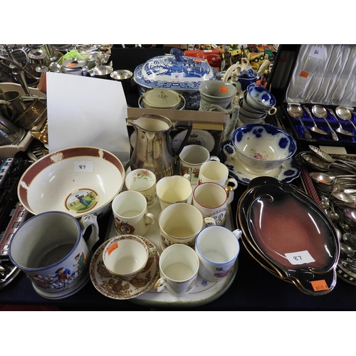 87 - Assorted ceramics including Gaudy Welsh tea wares, Wedgwood Jasperware biscuit barrel, large blue an... 