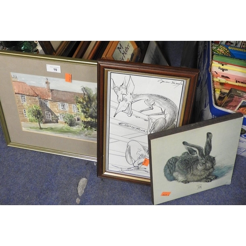 10 - Framed amateur watercolour of a cottage and a mixture of framed prints and photo frames