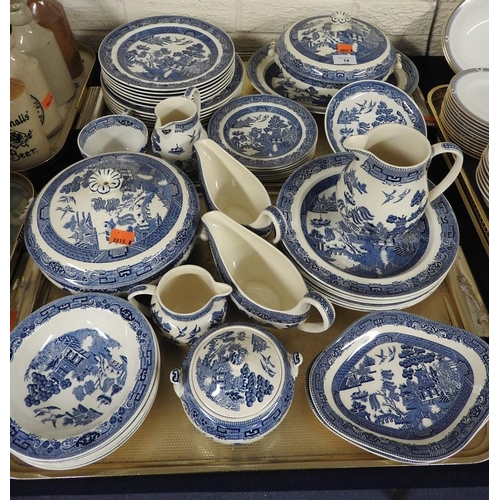 14 - Wedgwood blue and white Willow pattern dinner service (2 trays)