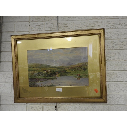 21 - Edward Law, 'Cattle at rest by the river', watercolour, gilt framed, signed E. Law