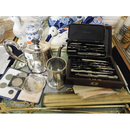 23 - Mixed lot including a silver plated teapot, mahogany cased draughtsman's set by A. G. Thornton, furt... 