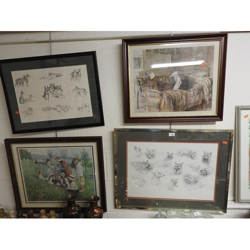 25 - Limited edition print of fox sketches by Geldart, signed in pencil and framed, similar print of dog ... 