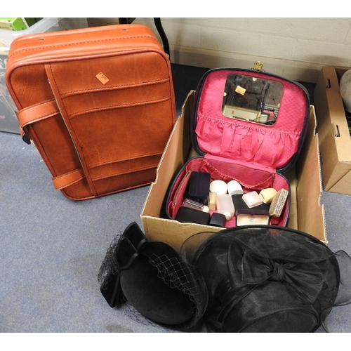 34 - Small faux leather travel case, vanity case, two ladies' black hats and a small amount of jewellery ... 