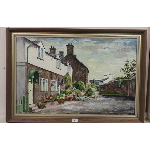 36 - Oil on board of a village street scene in summer, probably Burton, Wirral, indistinctly signed and d... 
