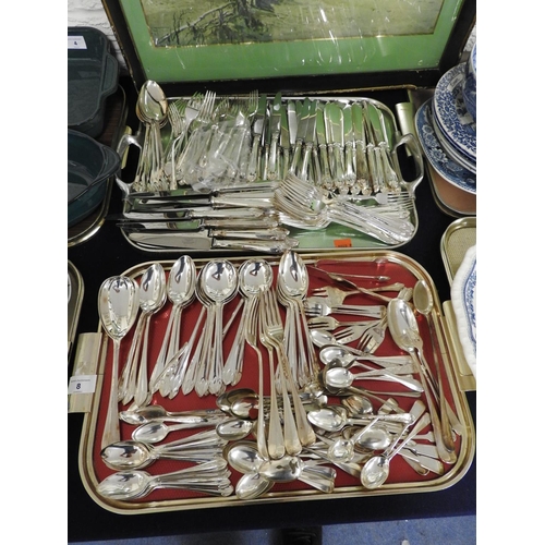 8 - Extensive Mappin & Webb silver plated cutlery service and further silver plated cutlery (2 trays)
