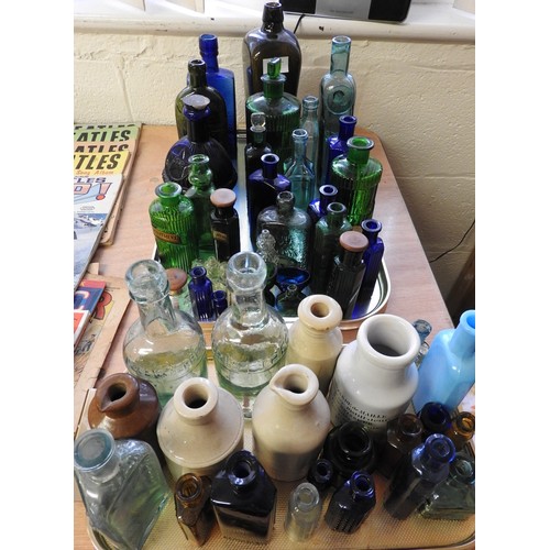 48 - Collection of glass bottles including blue, green and brown glass medicine bottles, Star fire exting... 