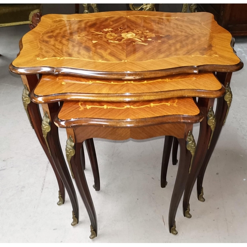 535 - A Louis XV style nest of 3 veneered occasional tables, with floral inlay
