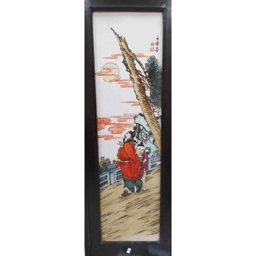 280A - A pair of Chinese porcelain wall hanging rectangular plaques with traditional scenes and signatures