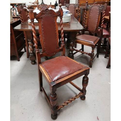 617 - A 1920's  oak draw leaf table with barley twist legs and 5 oak twist back chairs (near matching 3 + ... 