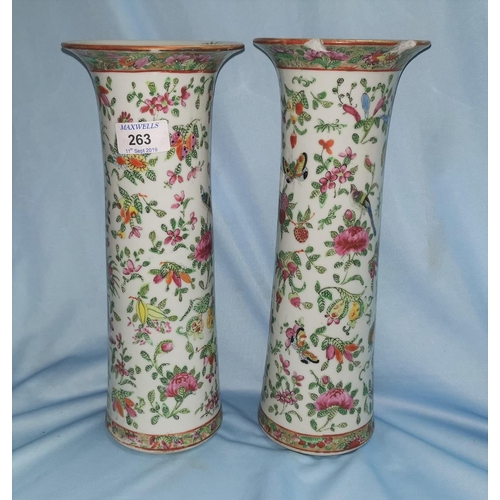 263 - A pair of Chinese Canton porcelain vases decorated with flowers and fauna, 30 cm (1 a.f.)