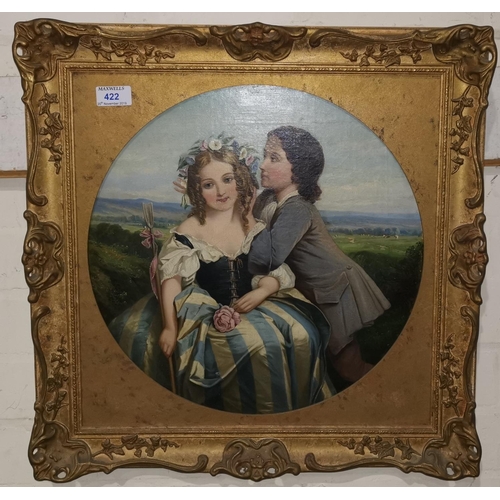 422 - 19th Century: three quarter length circular portrait of 2 young lovers, with landscaped background, ... 