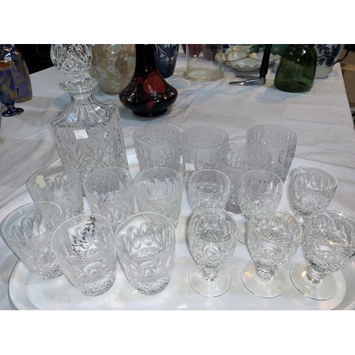 144 - A Waterford set of 6 glass tumblers, boxed; 6 Waterford sherry glasses; other glassware