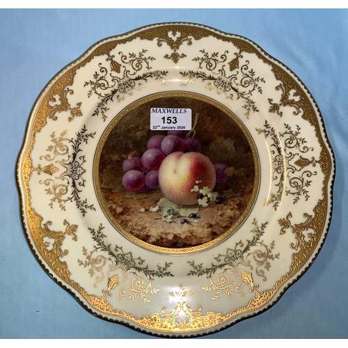 153 - A Coalport cabinet plate with gilt and ivory border, hand painted with fruit in polychrome, signed '... 
