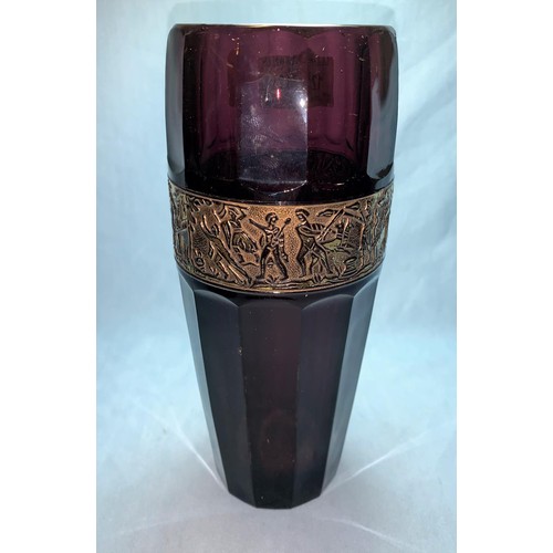 128 - An amethyst coloured glass vase in the Moser style, with gilt rim depicting classical scenes, unsign... 
