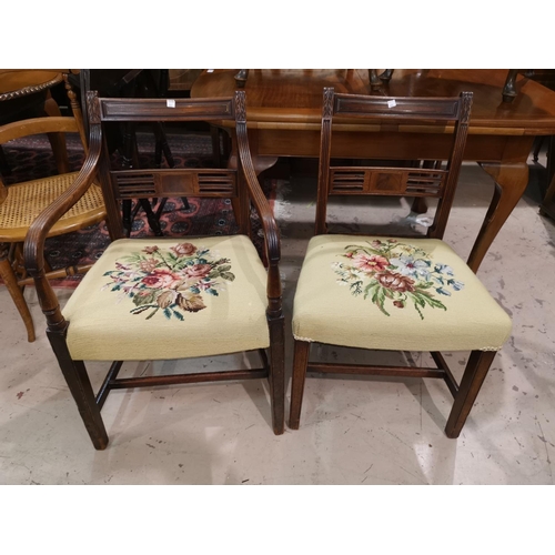 592 - A Regency mahogany set of 8 (6+ 2) dining chairs with reeded and carved decoration, wide top rails w... 