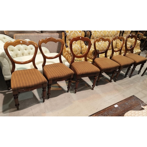 611 - A Victorian set of 6 mahogany dining chairs with balloon backs and drop-in seats, on turned legs