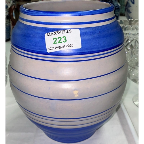 223 - A 1930's blue barrel shaped vase; a pair of crystal goblets, cased; other crystal