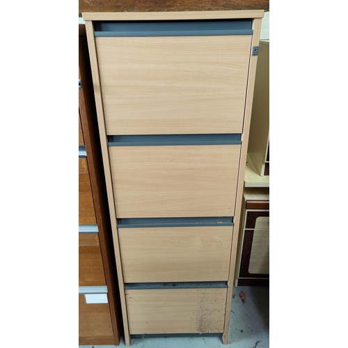 677 - A 4 drawer wooden filing cabinet and a 3 height bookshelf
