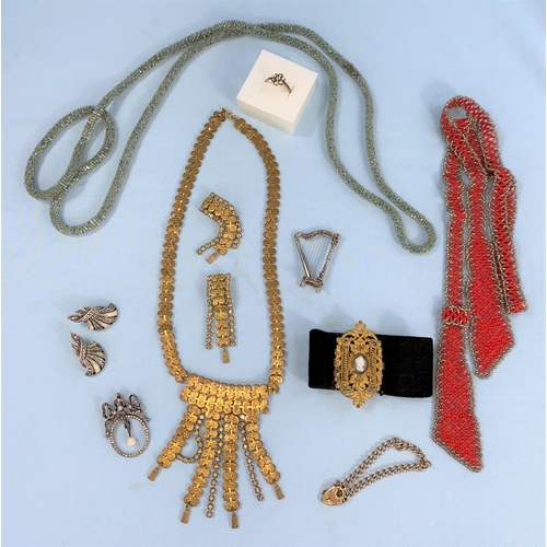511 - A selection of costume jewellery including 2 beaded 1920's necklaces; a pair of marquestif earrings ... 