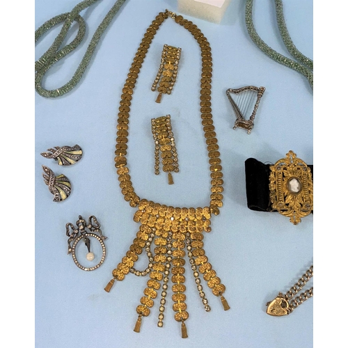 511 - A selection of costume jewellery including 2 beaded 1920's necklaces; a pair of marquestif earrings ... 