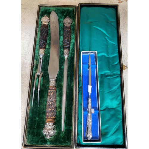 472 - A Victorian 3 piece carving set with antler handles, cased; a paperknife