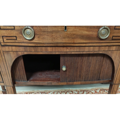 720 - A William IV figure mahogany sideboard with bow front, inlaid ebony stringing, 152 x 60 x 92 cm