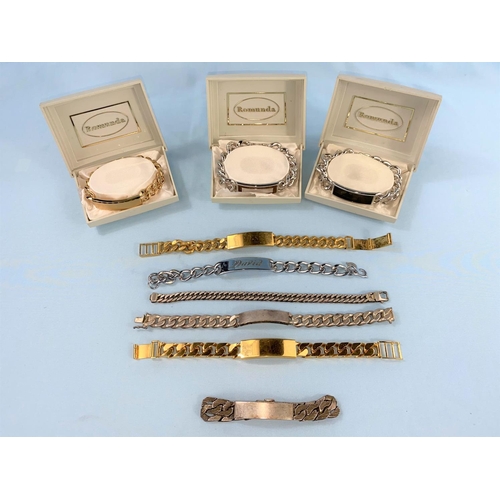 520 - A selection of chrome and gilt identity bracelets, 3 boxed, some with names