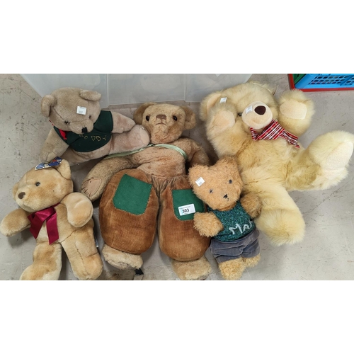 303 - A mid 20th century teddy bear by Merrythought, in corduroy trousers; other soft toys