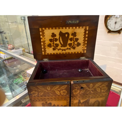 114 - An antique Killarney dwarf table top cabinet circa 1900 with marquetry decoration, the hinged caddy ... 