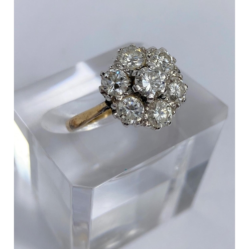 619 - A yellow metal ring set large diamond flower head cluster, diameter of centre stones 4.8 mm approx, ... 