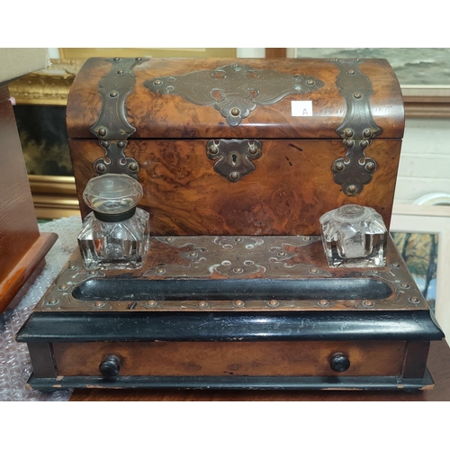 29A - A Victorian burr walnut desk compendium with ink well, lidded letter rack and drawer