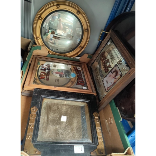 6 - An oval Georgian style mahogany tray; a convex gilt hall mirror; 3 modern pub mirrors etc