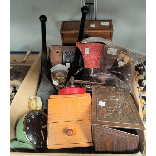 31 - A selection of collectables:  a coffee grinder; musical box; vintage tin; Indian clubs; etc.