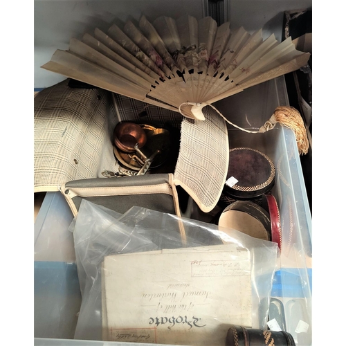 40 - A painted fan; a boxed geometry set; old documents; opera glasses; etc.