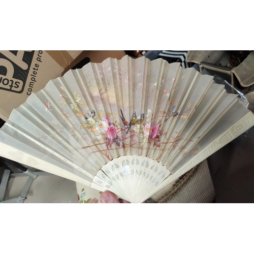40 - A painted fan; a boxed geometry set; old documents; opera glasses; etc.