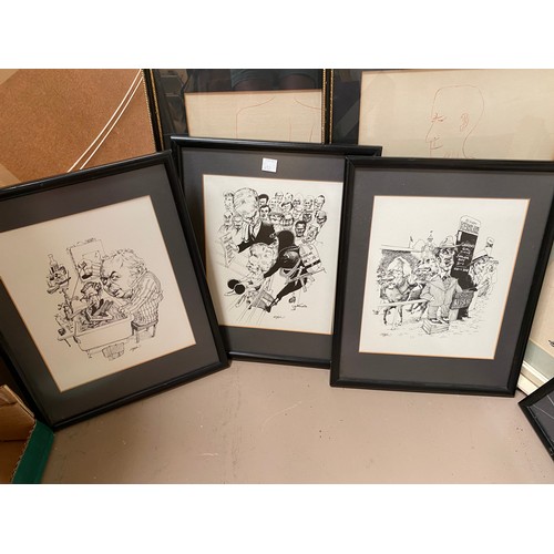 32 - Ben Sharne:  Pair of prints of line drawings, 1 artist signed; 4 x 1970's/80's political cartoon pri... 