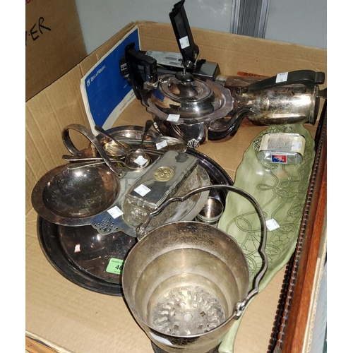 46 - A circular silver plated tray and a selection of silver 
plated items, teapot, hotwater jug, a minat... 