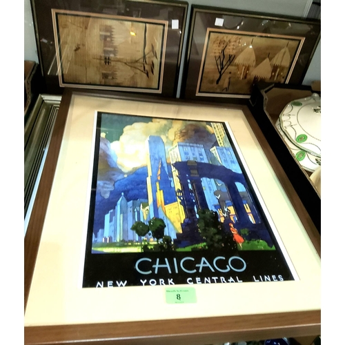 8 - An advertising print Art Deco style Chicago New York Central Lines, another print, 2 African picture... 