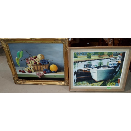 60a - Ken Jepson: oil on board of canal boats 34x33cm, S. Fenton: watercolour of a street scene, an oil on... 