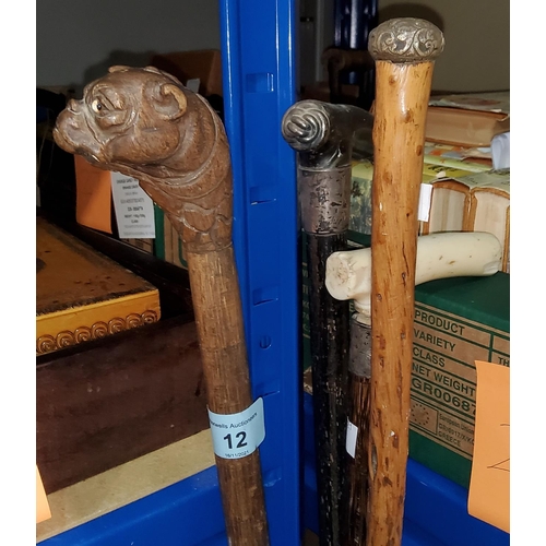 12 - A walking stick with cat and dog carved handle, 3 other vintage walking sticks