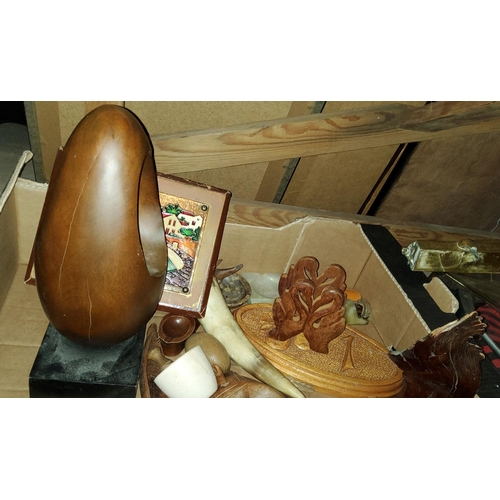 15 - An unusually carved wooden object on plinth and a selection of carved horn and treen items