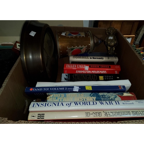 19 - A selection of boxes, military books, wall clock etc