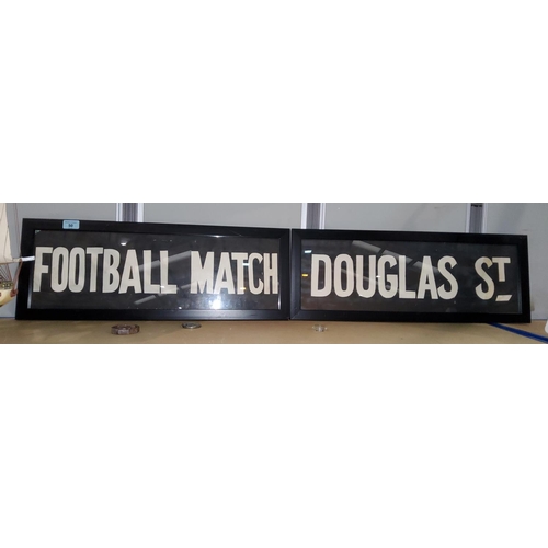 50 - Two mid 20th century bus roller signs 'Football Match' and 'Douglas Street', both framed