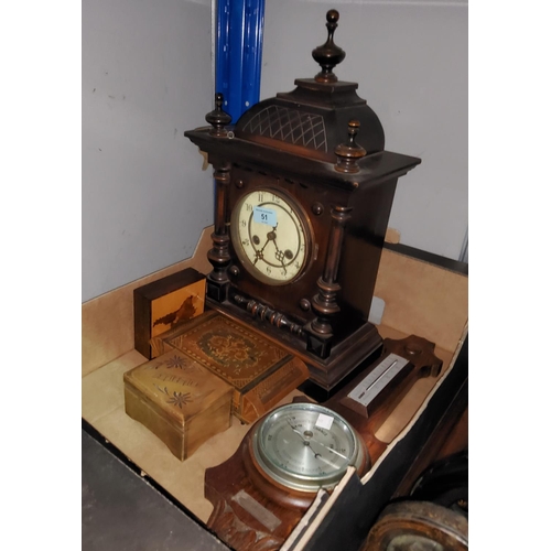 51 - An Edwardian mantel clock with striking movement in stained wood architectural case; an aneroid baro... 