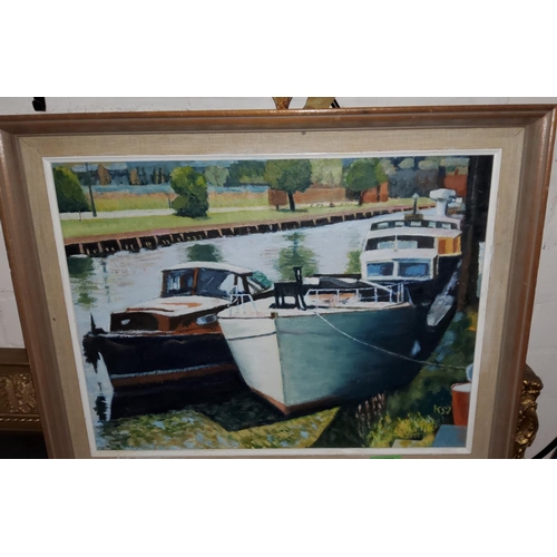 60a - Ken Jepson: oil on board of canal boats 34x33cm, S. Fenton: watercolour of a street scene, an oil on... 